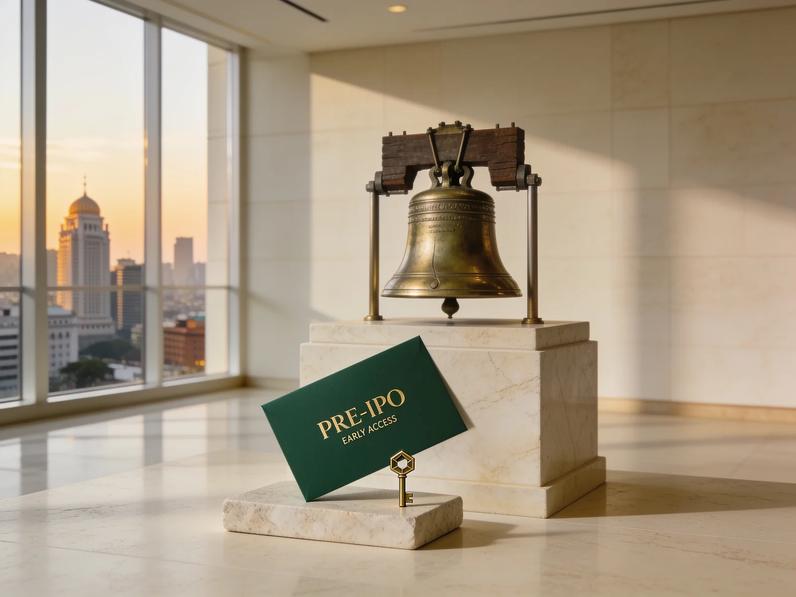 A pre-IPO early-access invitation and brass key beside a stock-exchange bell waiting to ring