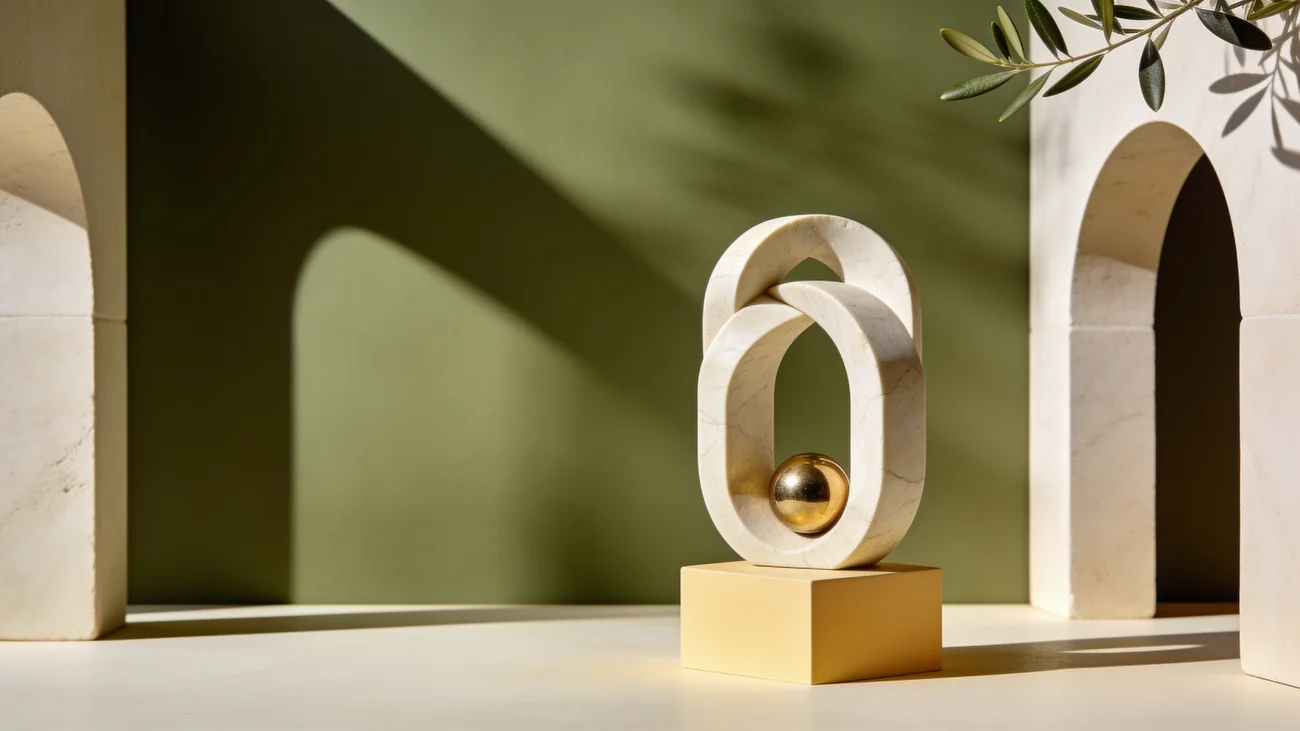 Sculptural travertine arches with a brass sphere